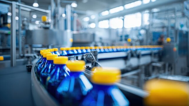 Production Line: Blue Bottles with Yellow Caps on a Conveyor Belt in a Factory