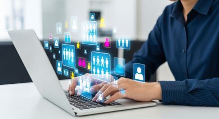Social media management, human resources, and business communication on a laptop with a glowing digital network of user icons