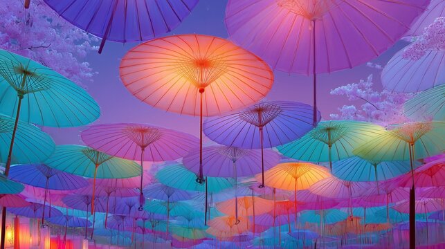 colorful paper umbrellas floating in night sky with glowing lights