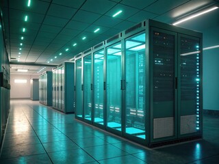 Futuristic Server Room With Glass Enclosures And Teal Lights In Sharp Focus