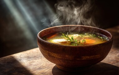 Hot soup in wooden bowl with fresh herbs