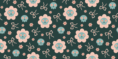 Coquette Halloween floral skulls, flowers and bows seamless pattern. Kawaii Spooky Halloween repeating background