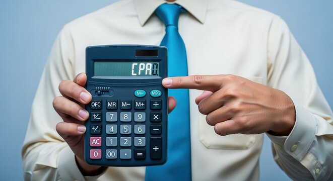 Man Holding Calculator Displaying CPA in Office Setting, Emphasizing Financial Accounting Expertise and Professional Services - Powered by Adobe
