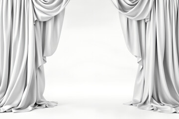 Two elegant white draped curtains parted on a clean white background drapes fabric