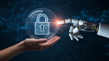 Robotic hand interacting with a glowing digital padlock protecting a human hand representing cybersecurity and data protection