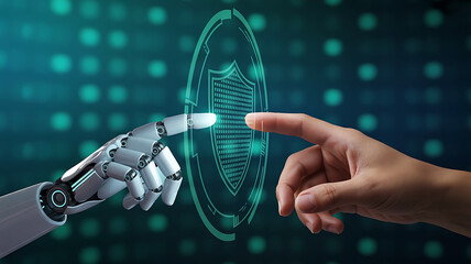 Human and robot hands touching a glowing digital interface representing artificial intelligence and technology