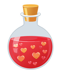 Illustration of a red love potion with floating hearts inside