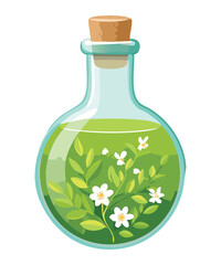 Illustration of a potion bottle with green leaves and white flowers