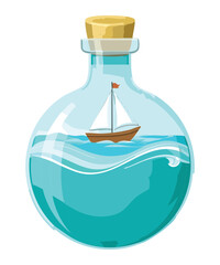 Illustration of a little sailboat floating on a wavy liquid