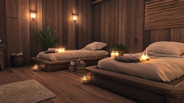 Wooden cabin room with twin beds and candles