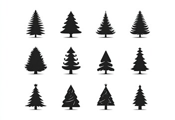 Twelve black Christmas tree silhouettes arranged in a grid