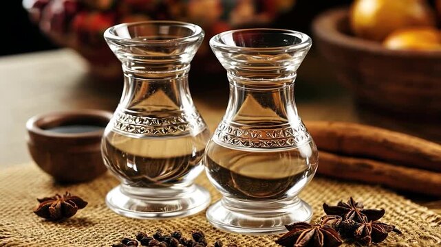 Two clear glass decanters filled with a clear liquid, adorned with decorative patterns, sitting on a burlap-like surface with spices