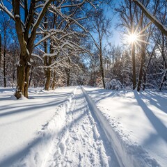 Obraz premium 제목: The Energy of a Winter Path설명: A square frame that captures the lively and energetic feeling of a winter forest path bathed in direct, clear sunlight.