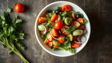 A fresh vegetable salad in a white bowl, garnished with herbs and captured from a top-down view.