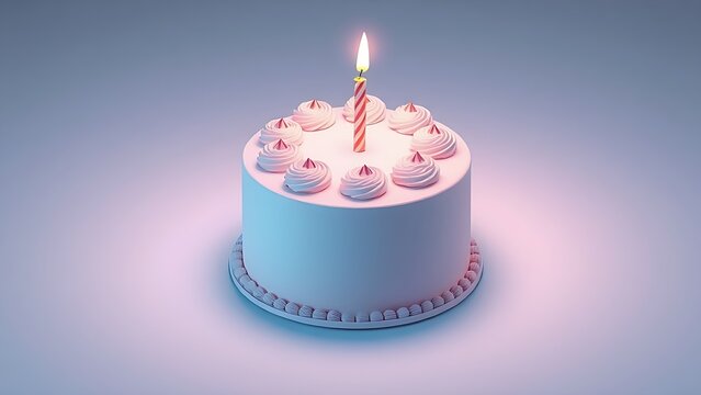 Minimalist 3D-Rendered Pastel Cake with Single Candle in Isometric View