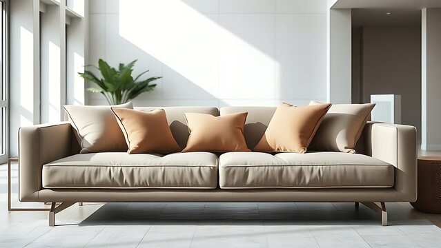 Elegant modern sofa with neutral pillows in clean interior