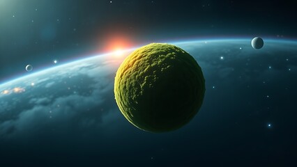 Lush green planet suspended in space with glowing atmosphere and vibrant cosmic vegetation.