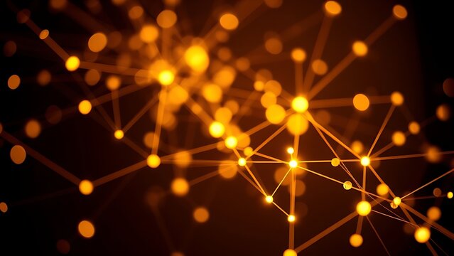 Abstract network of glowing nodes and lines in warm tones against a dark sophisticated backdrop.