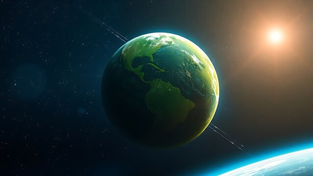 Lush green planet floating in space with a glowing atmosphere, depicting cosmic beauty.