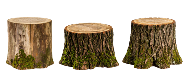 Set of stumps with moss isolated on a transparent background.