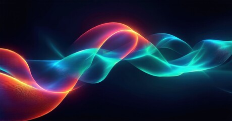 Abstract flowing ribbons, vibrant colors, dynamic curves. Light radiates, creating luminous energy, smooth transitions. Dark background emphasizes bright forms.