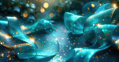 Vibrant turquoise ribbons swirl amid golden sparkles. Dark background emphasizes luminosity, creating festive mood. Elegant presentation.