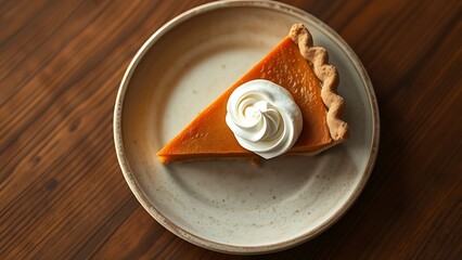 A slice of pumpkin pie with whipped cream, showcasing warm autumn tones on a wooden surface.