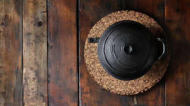 A cast iron pot sits on a cork trivet, resting on a rustic wooden surface, showcasing a blend of textures and materials.