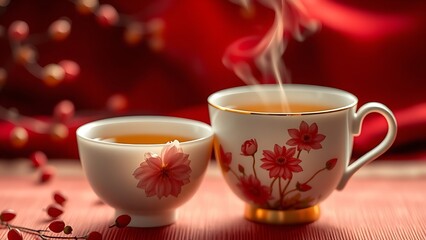 A delicate white porcelain teacup with chrysanthemum blossoms, steaming golden tea against a blurred red silk background.