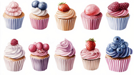 Ten watercolor cupcakes decorated with strawberries, blueberries, raspberries, and cherries, isolated on white background, generative AI