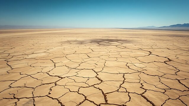 A cracked desert basin with grid lines, representing sudden ecological collapse.
