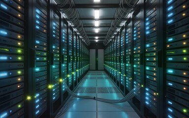 Modern server room with glowing lights and data racks