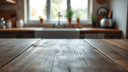 A wooden table surface with subtle texture and a softly focused kitchen window in the background.