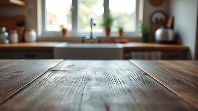 A wooden table surface with subtle texture and a softly focused kitchen window in the background.