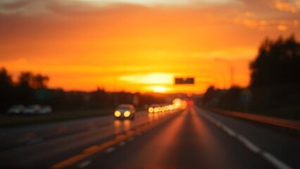 Fototapeta premium Sunset highway with blurred vehicle lights in motion, captured in warm golden tones with a long exposure effect.