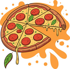 High-quality vector of deep-dish Chicago-style pizza overflowing with melted cheese and chunky tomato sauce, isolated for restaurant advertising or menu design.