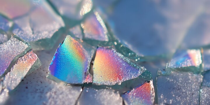 abstract frozen glass with iridescent prism highlights and sharp cracks