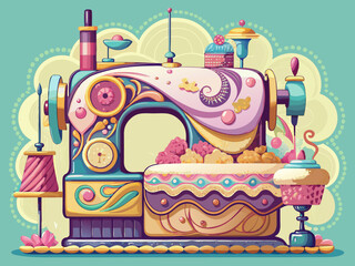 vector of Intricate pastel sewing machine cake, detailed design. Interesting cake idea for a tailor's birthday.