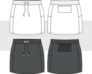 Women's active wear, sport skirt with back pocket zipper detail, fashion technical drawing, Illustration. Front and back view, CAD, Mockup set.