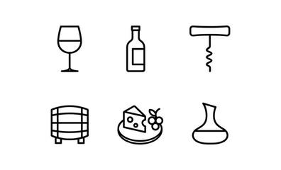 Wine tasting essentials: bottle, glass, corkscrew, barrel, cheese, decanter in clean line art style