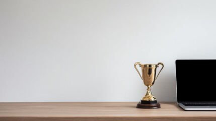 A gleaming gold trophy sits beside a laptop on a wooden desk, symbolizing achievement and success in a minimalist setting.