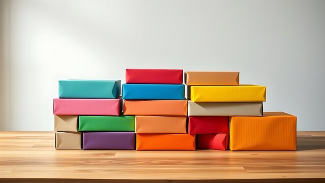 Colorful package boxes neatly stacked on a wooden table, showcasing modern packaging design.