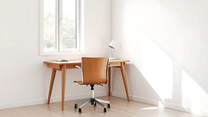 Minimalist office corner with wooden desk and chair, bathed in natural window light.