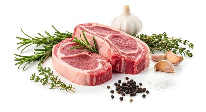 A selection of premium raw lamb chops seasoned with fresh rosemary, thyme, garlic, and black peppercorns, perfectly prepared for grilling or roasting a gourmet meal - Powered by Adobe