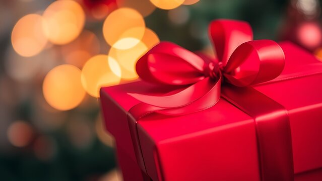 A festive red gift box adorned with an elegant ribbon and bow, radiating warmth and celebration.