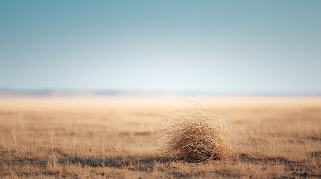 A solitary tumbleweed rests on an expansive desert landscape, under a clear blue sky, embodying the isolation of a dry environment.