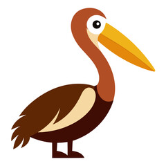 Cute cartoon pelican with brown and tan plumage and a yellow beak