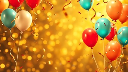 A festive golden frame filled with floating balloons and swirling confetti, capturing a lively celebration atmosphere.