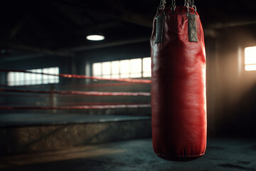 Close-up of a red punching bag hanging in a dimly lit boxing gym with a ring in the background