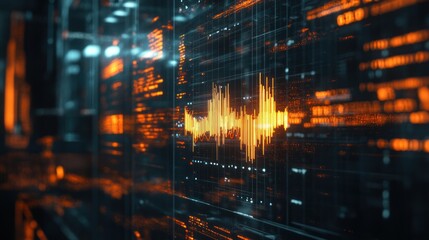 Futuristic digital interface showing sound waves, data streams, and complex information in a modern environment